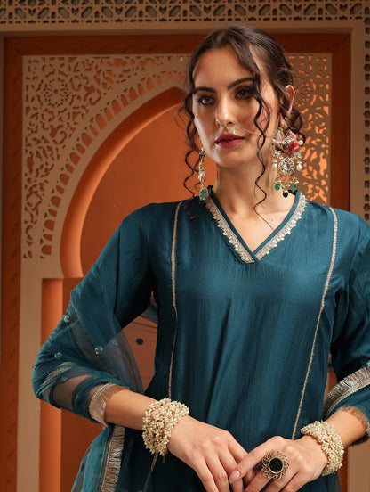 Chandni Teal Green Muslin Embroidered Kurta Set