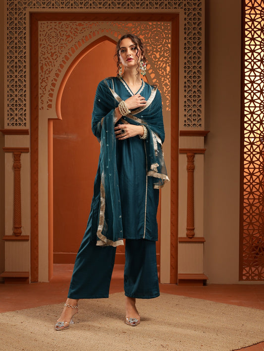 Chandni Teal Green Muslin Embroidered Kurta Set