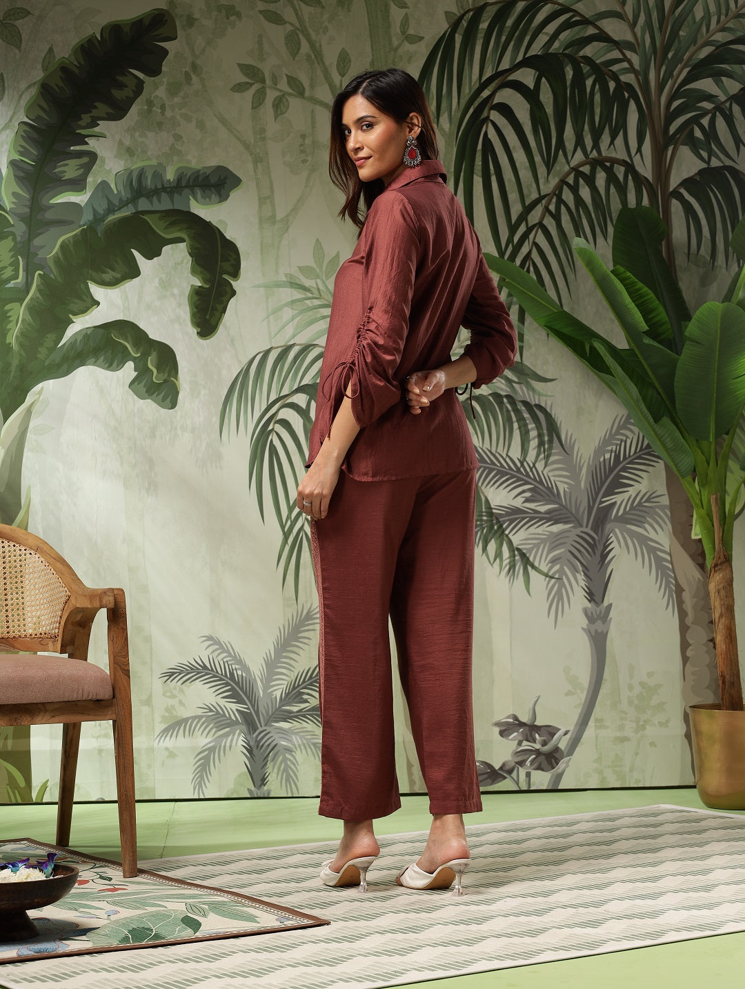 Brown Silk Blend Co-ord Set with Embroidered Trousers | Women's 2-Piece Shirt and Trouser Outfit | Casual Wear