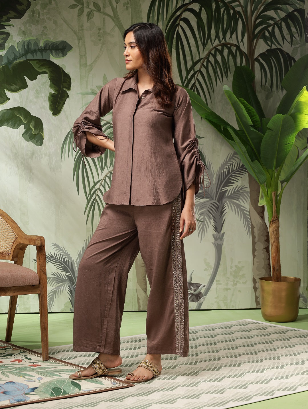 Grey Silk Blend Co-ord Set with Embroidered Trousers | Women's 2-Piece Shirt and Trouser Outfit | Casual Wear