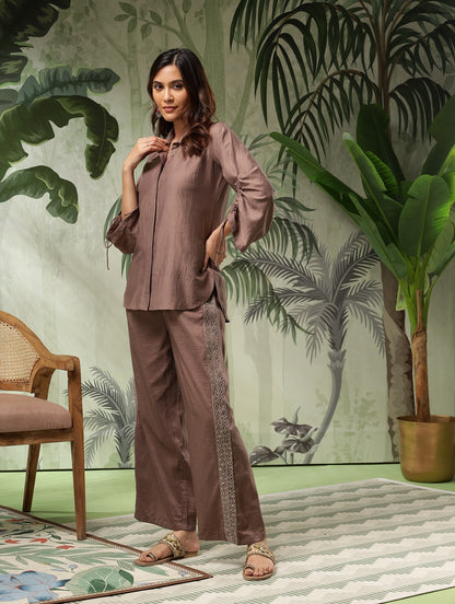 Grey Silk Blend Co-ord Set with Embroidered Trousers | Women's 2-Piece Shirt and Trouser Outfit | Casual Wear