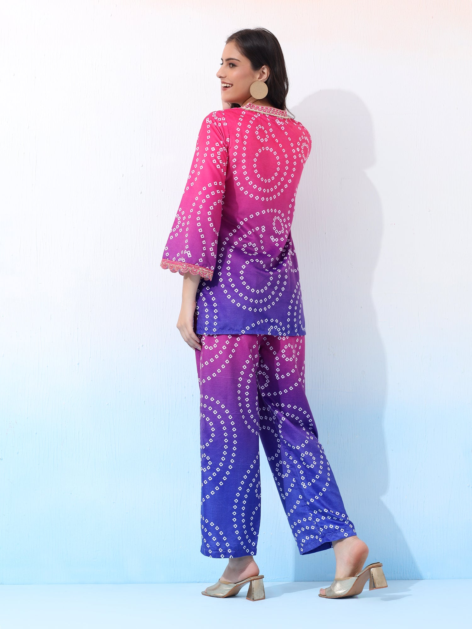 Vibrant Velvet Fuchsia Bandhani Ethnic Co-Ord Set with Embroidered Details