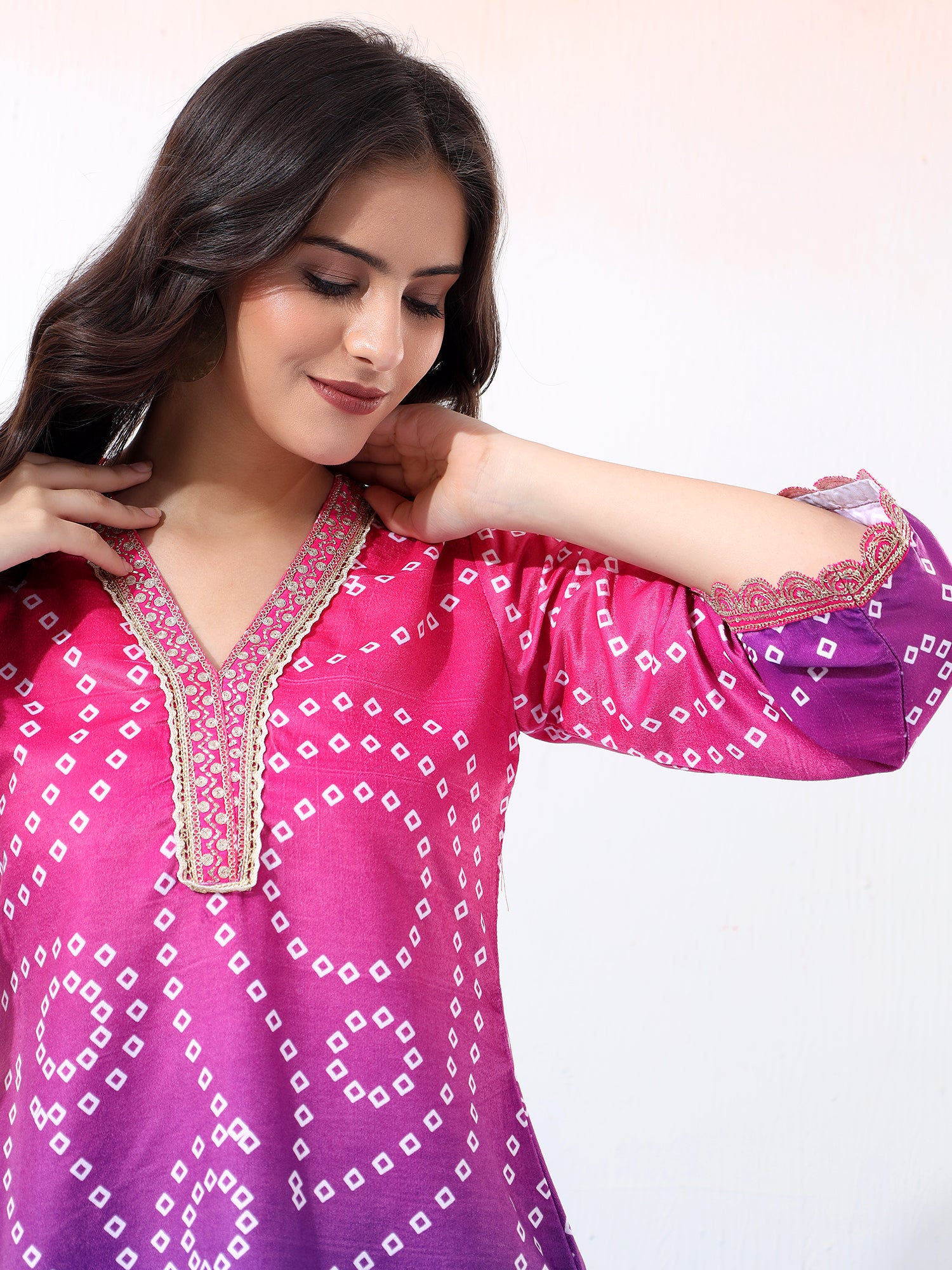 Vibrant Velvet Fuchsia Bandhani Ethnic Co-Ord Set with Embroidered Details