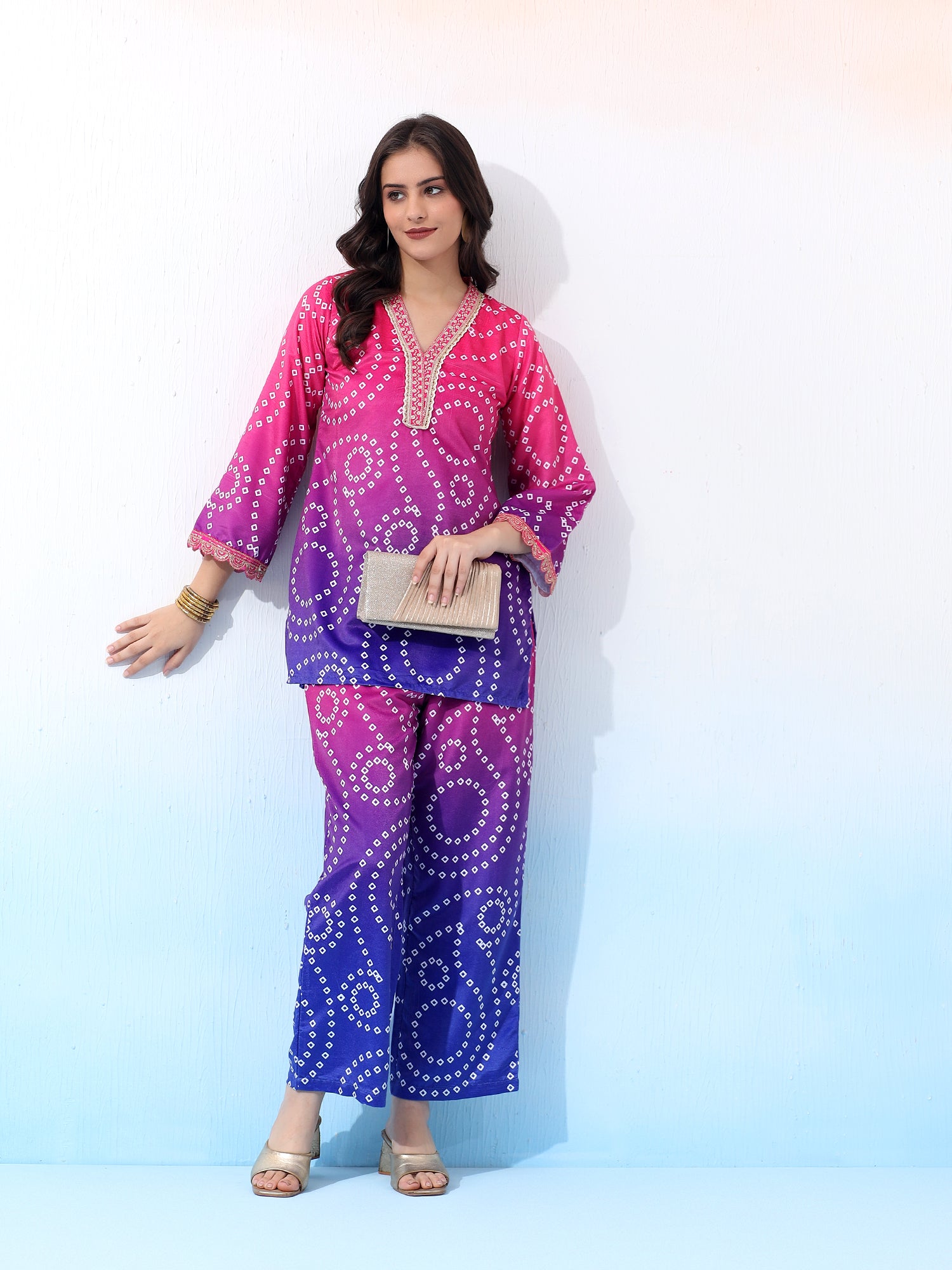 Vibrant Velvet Fuchsia Bandhani Ethnic Co-Ord Set with Embroidered Details