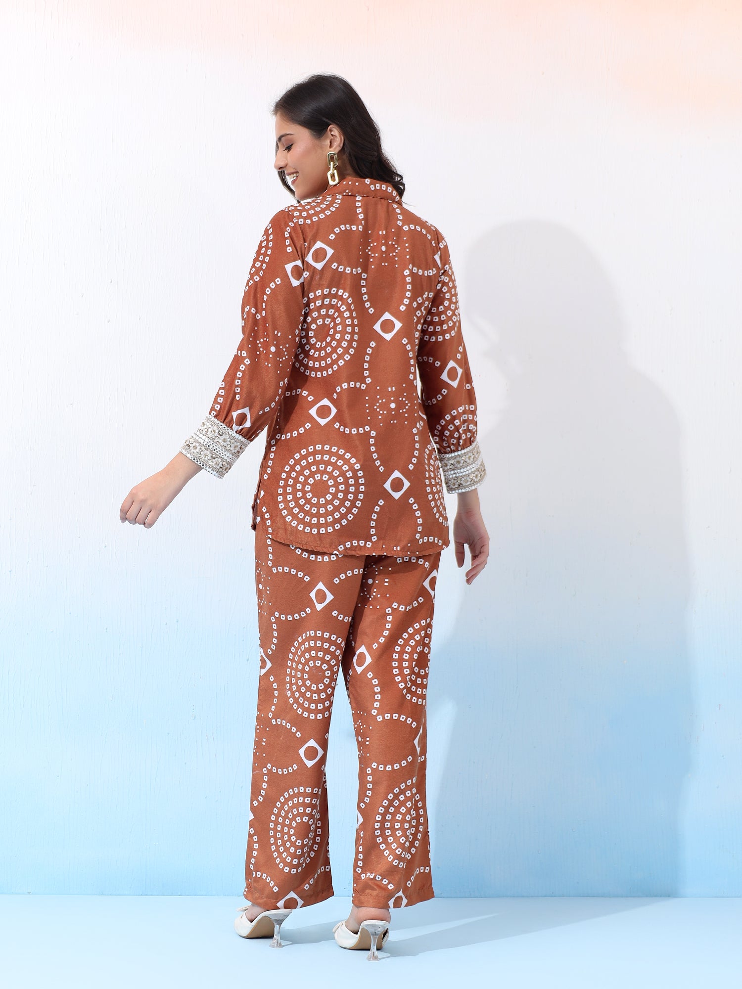 Velvet Brown Bandhani Ethnic Co-Ord Set with Embroidered Details