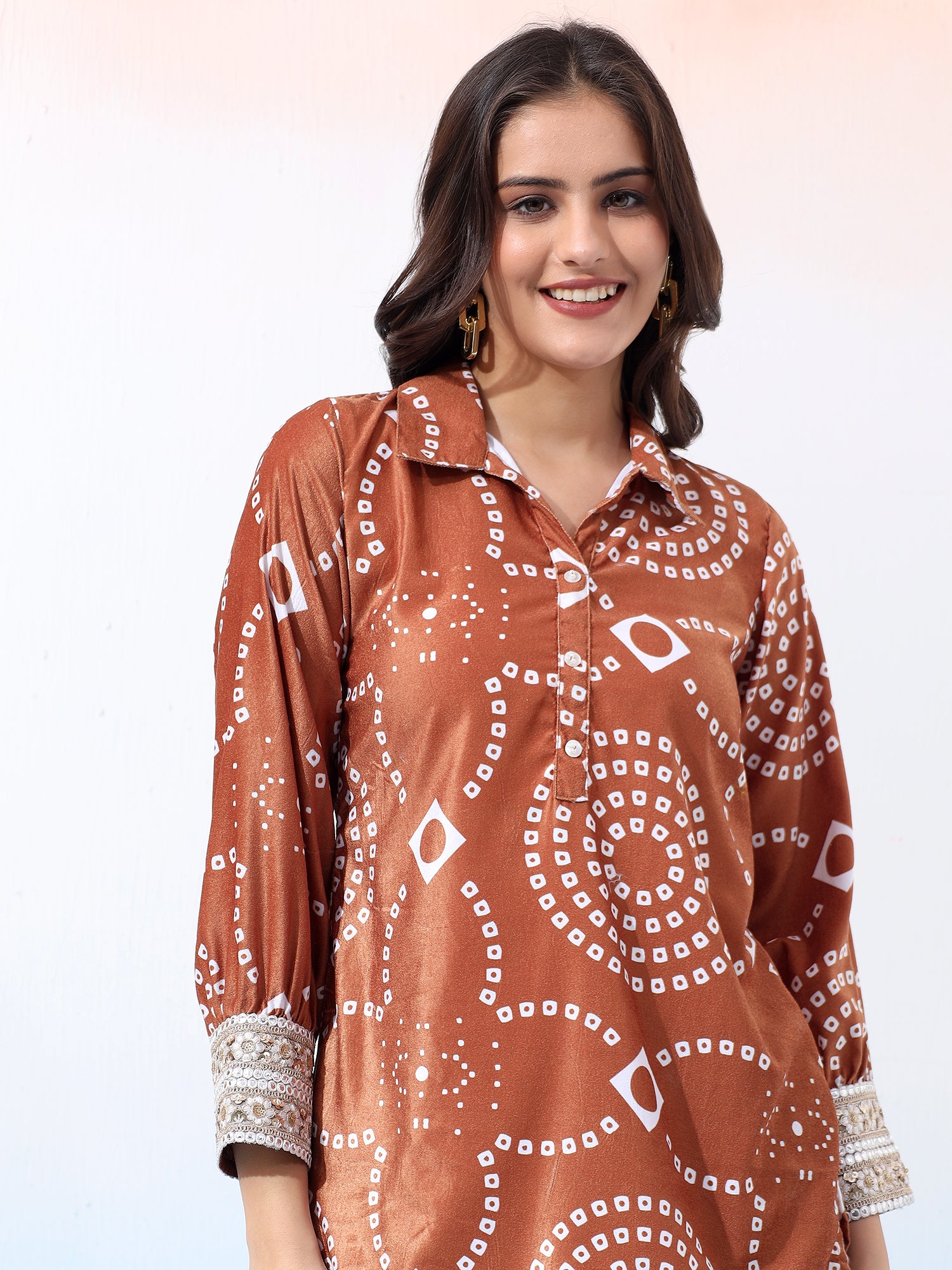 Velvet Brown Bandhani Ethnic Co-Ord Set with Embroidered Details