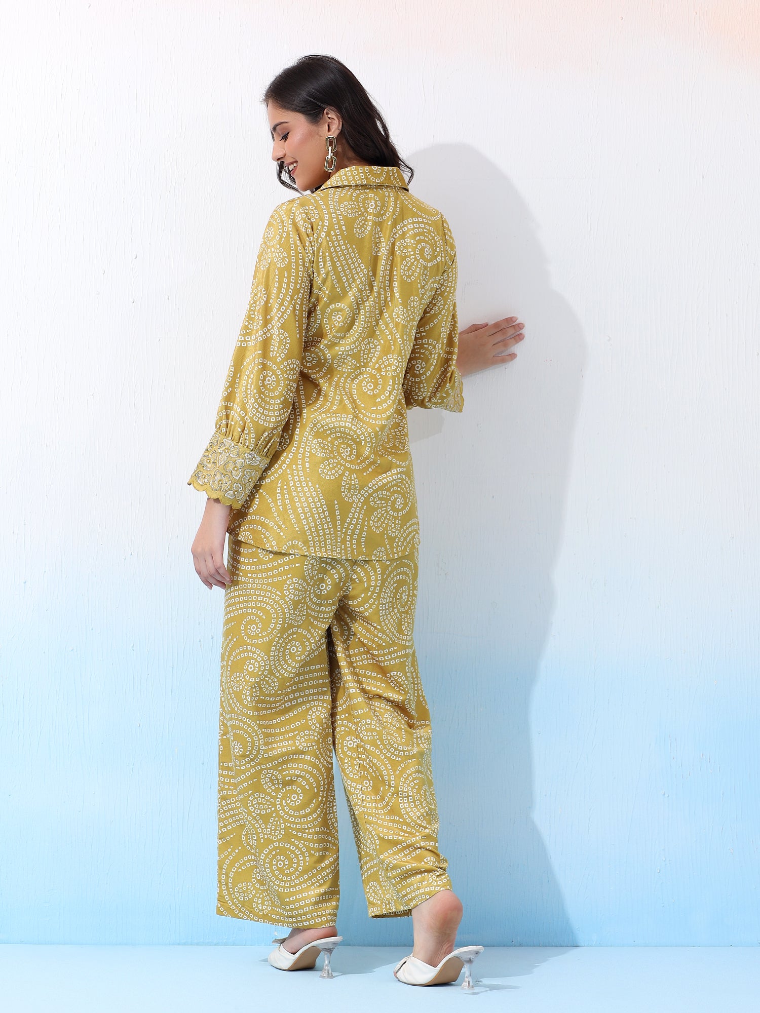 Velvet Mustard Bandhani Ethnic Co-Ord Set with Embroidered Details