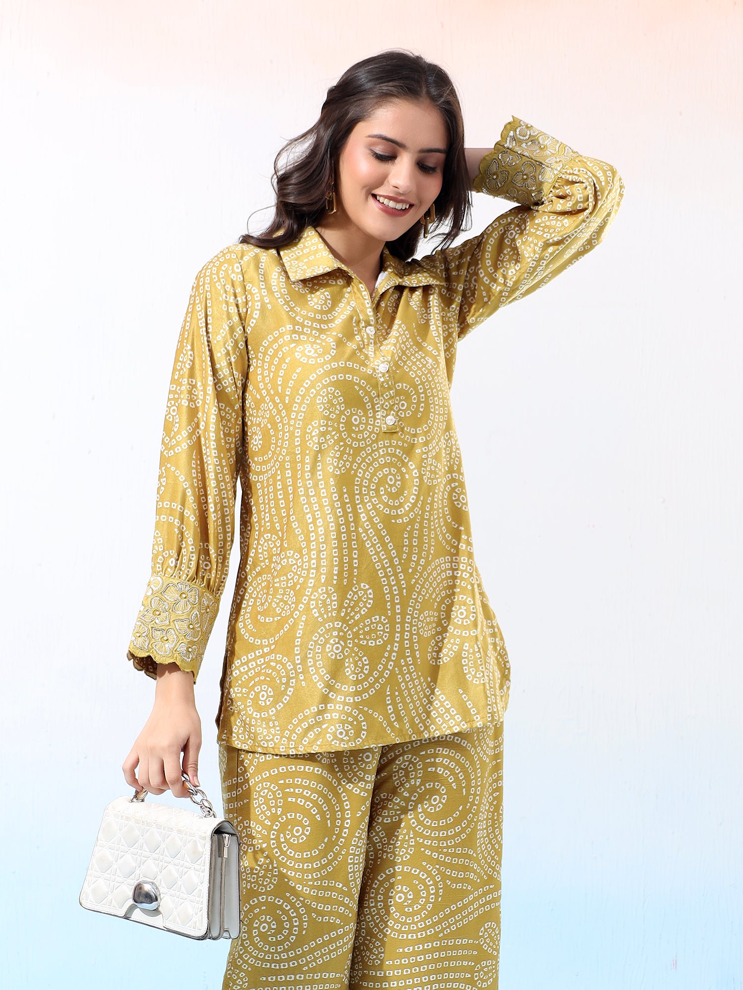 Velvet Mustard Bandhani Ethnic Co-Ord Set with Embroidered Details