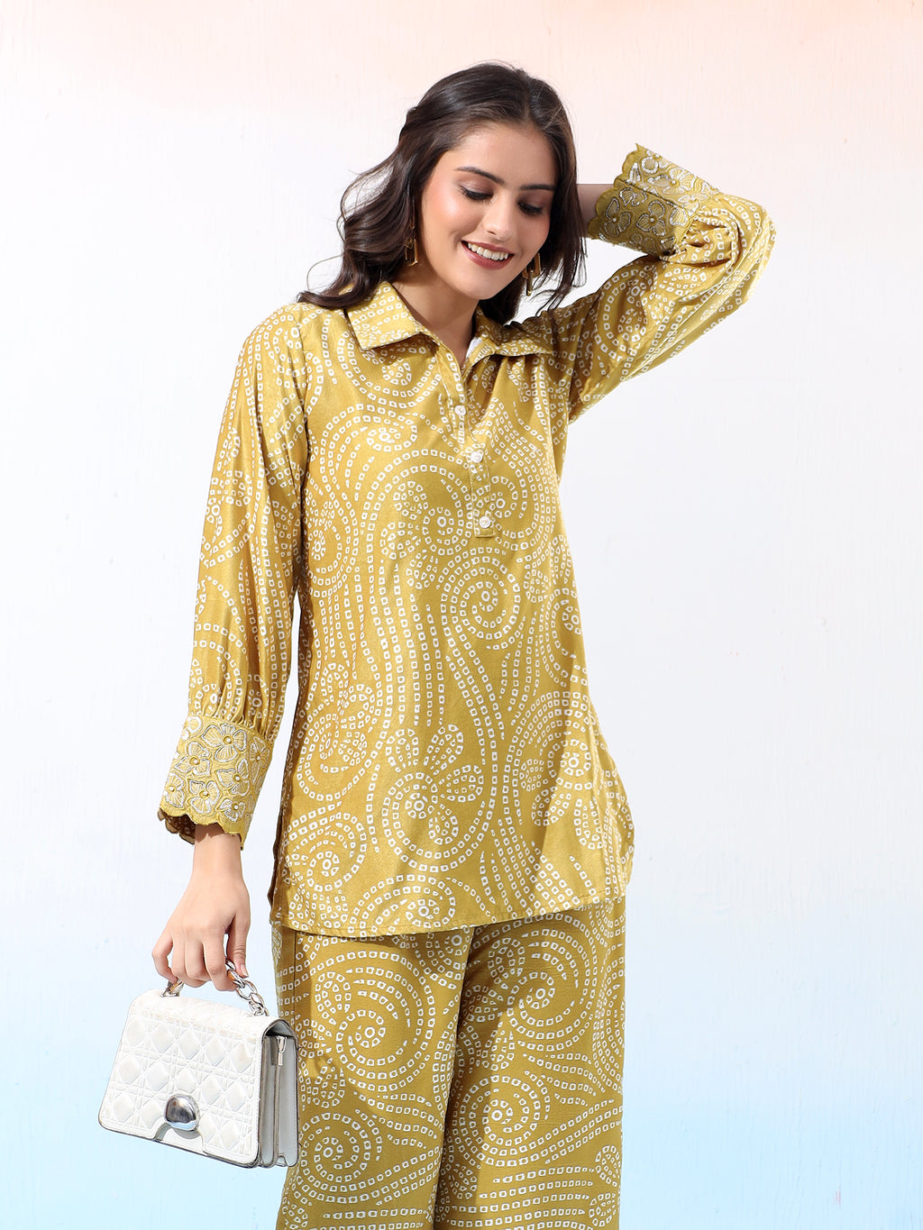 Velvet Mustard Bandhani Ethnic Co-Ord Set with Embroidered Details