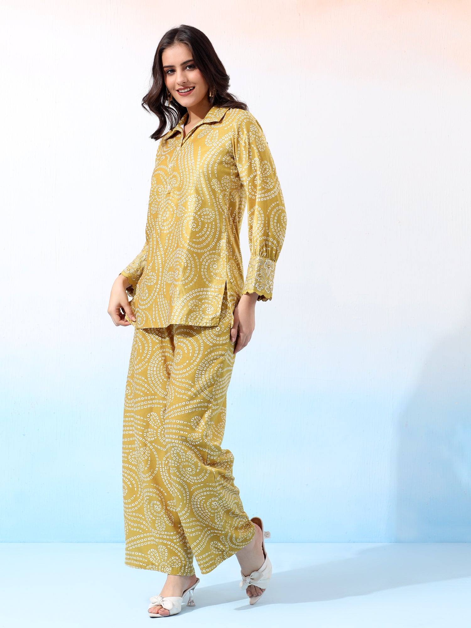 Velvet Mustard Bandhani Ethnic Co-Ord Set with Embroidered Details