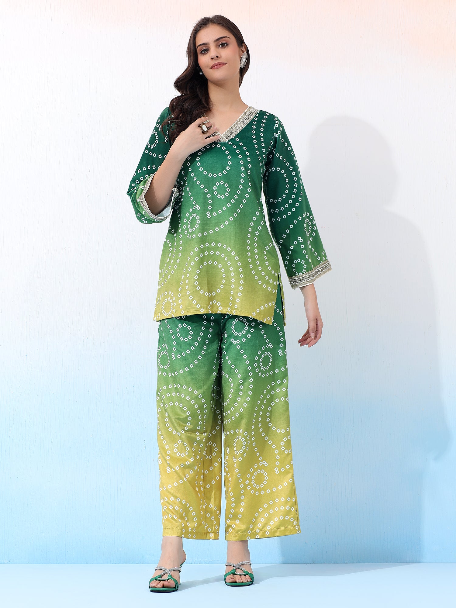 Velvet Two-Piece Gradient Ethnic Outfit with Geometric Patterns Co-Ord Set