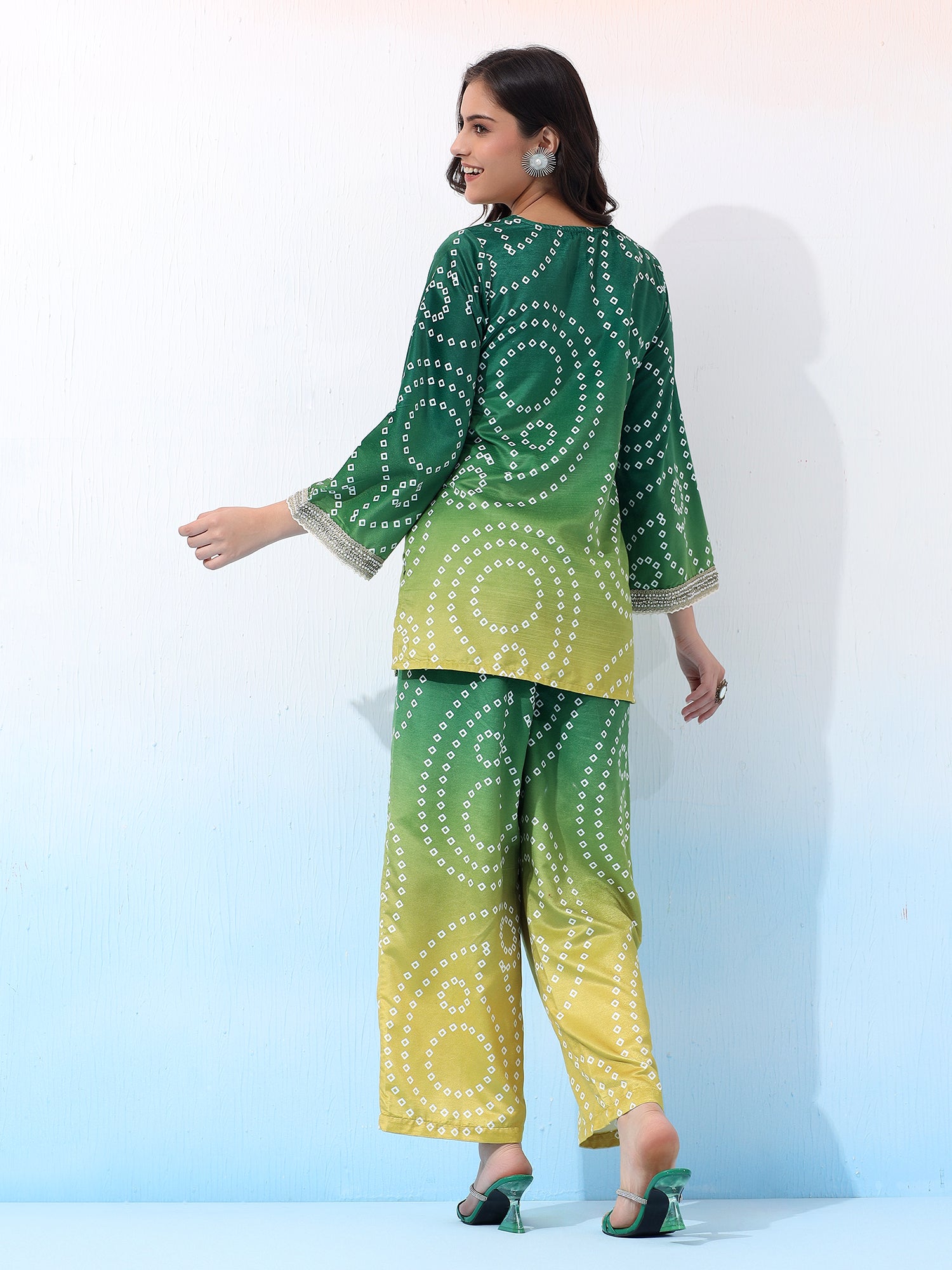 Velvet Two-Piece Gradient Ethnic Outfit with Geometric Patterns Co-Ord Set