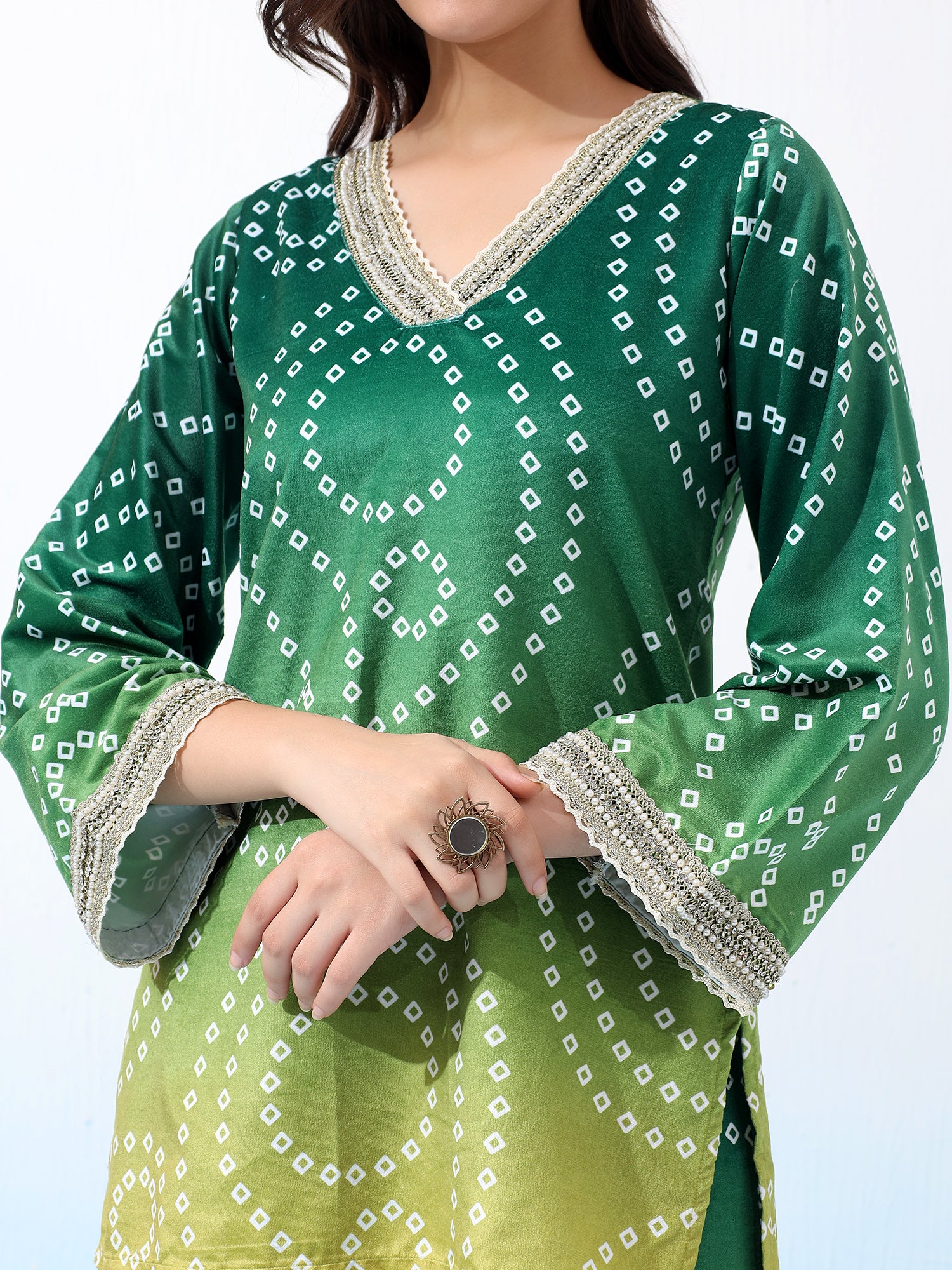 Velvet Two-Piece Gradient Ethnic Outfit with Geometric Patterns Co-Ord Set