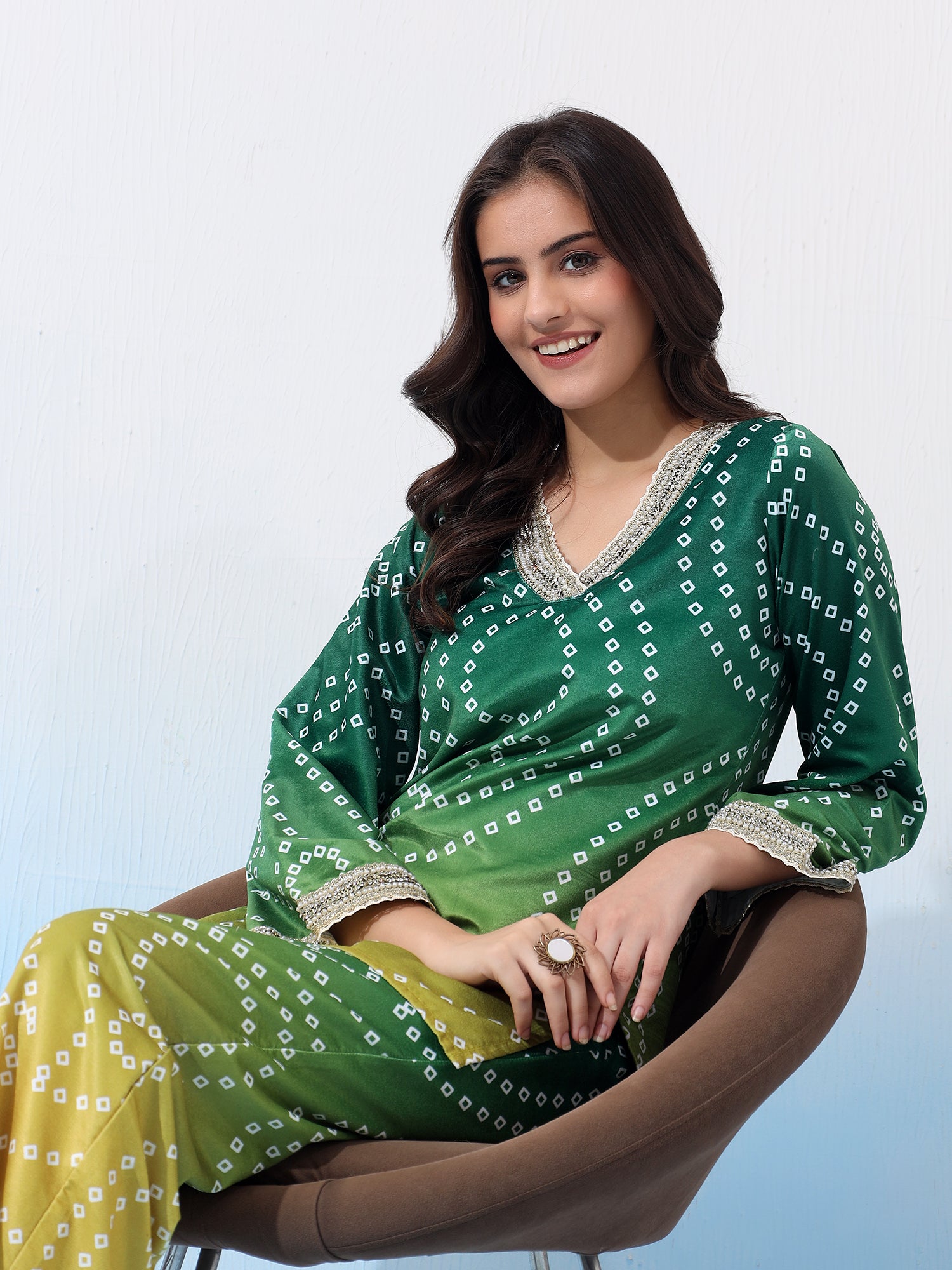 Velvet Two-Piece Gradient Ethnic Outfit with Geometric Patterns Co-Ord Set