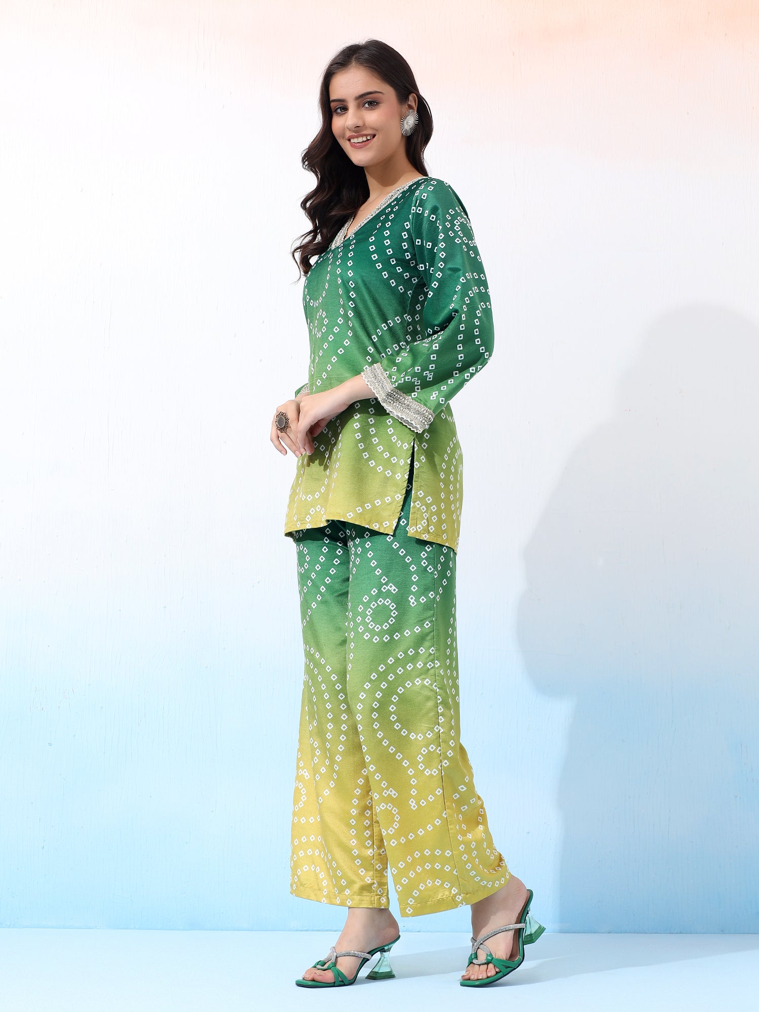 Velvet Two-Piece Gradient Ethnic Outfit with Geometric Patterns Co-Ord Set