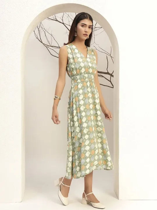 V-Neck Floral Printed Sleeveless Fit & Flare Midi Dress