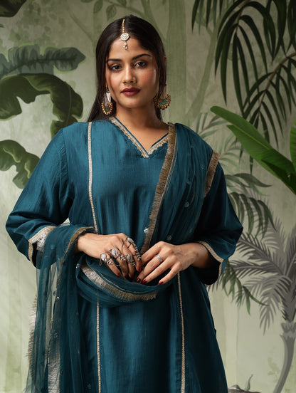 Chandni Plus Size Teal Green Muslin Embroidered Kurta Set