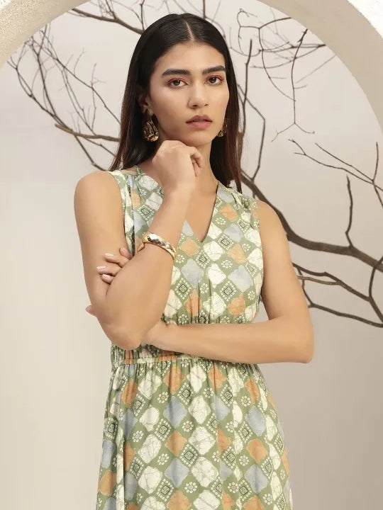 V-Neck Floral Printed Sleeveless Fit & Flare Midi Dress