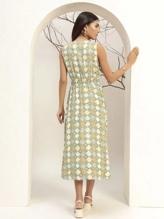 V-Neck Floral Printed Sleeveless Fit & Flare Midi Dress