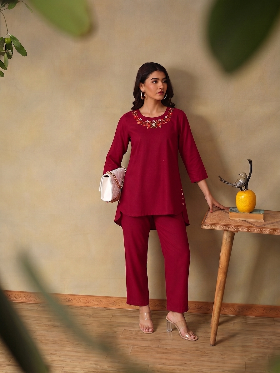 Floral Embroidered Tunic With Trousers