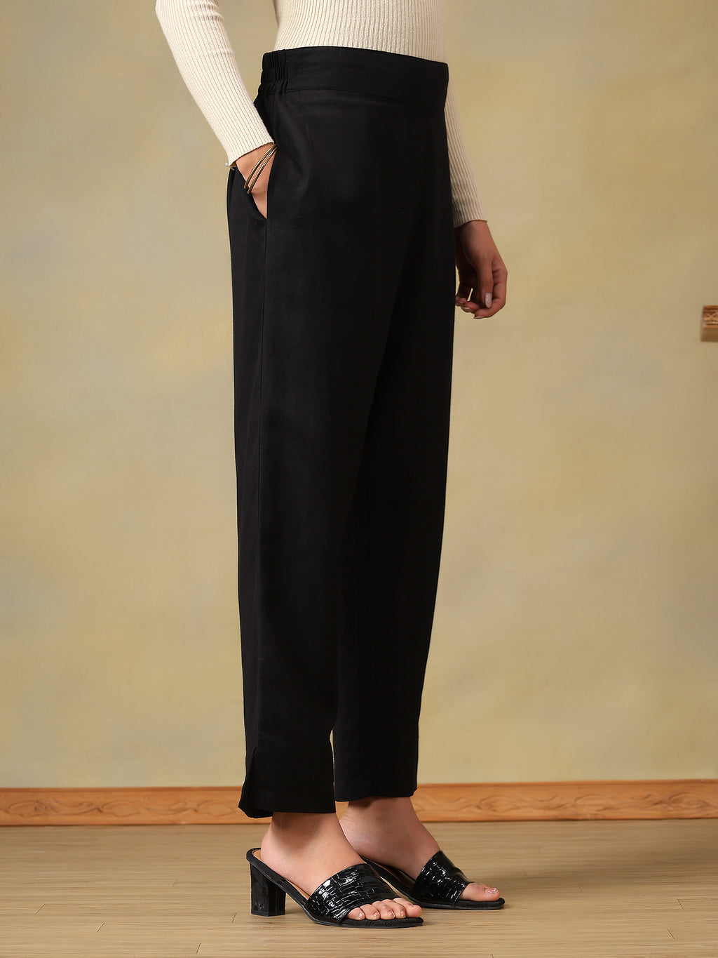 Women's Classic Black Slit-Hem Straight Fit Trousers