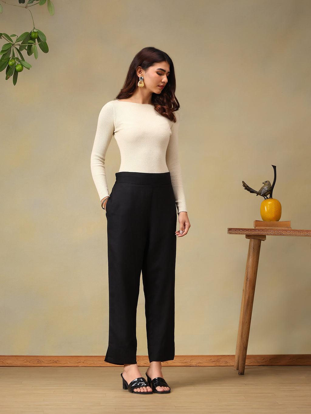 Women's Classic Black Slit-Hem Straight Fit Trousers