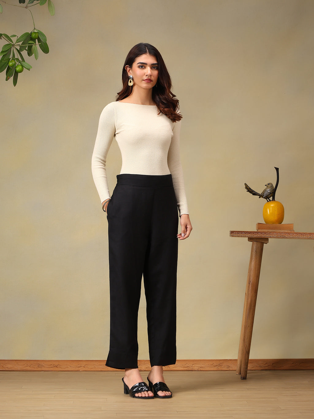 Women's Classic Black Slit-Hem Straight Fit Trousers