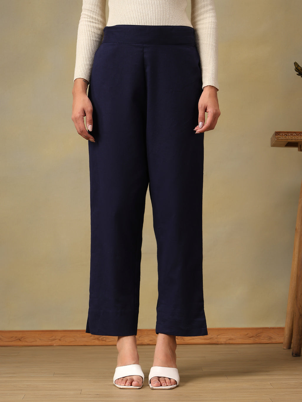 Women's Classic Navy Slit-Hem Straight Fit Trousers