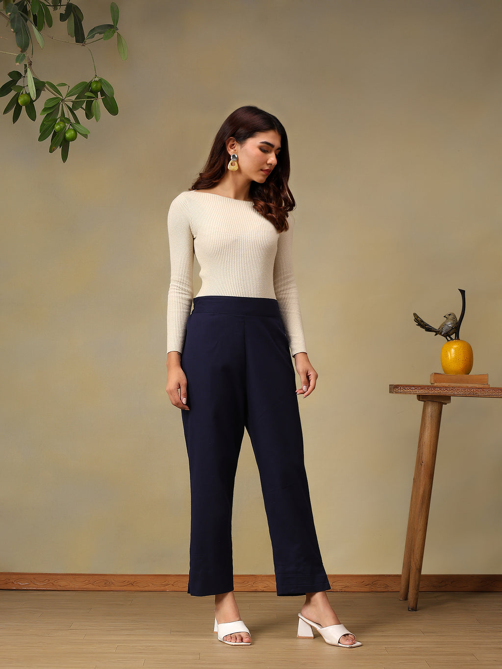Women's Classic Navy Slit-Hem Straight Fit Trousers