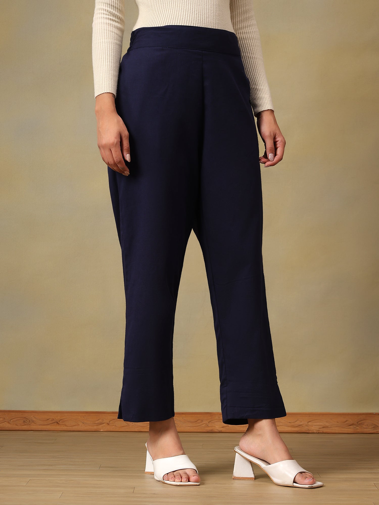 Women's Classic Navy Slit-Hem Straight Fit Trousers