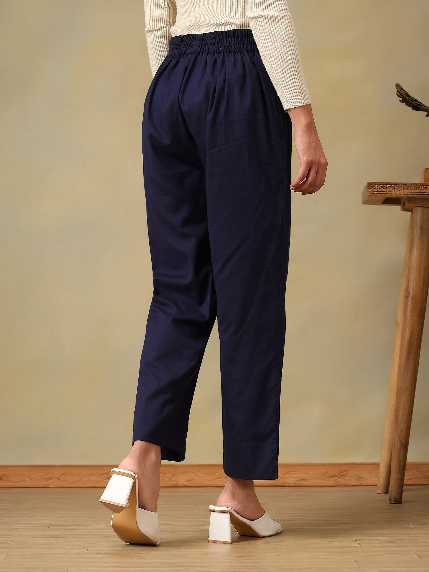Women's Classic Navy Slit-Hem Straight Fit Trousers