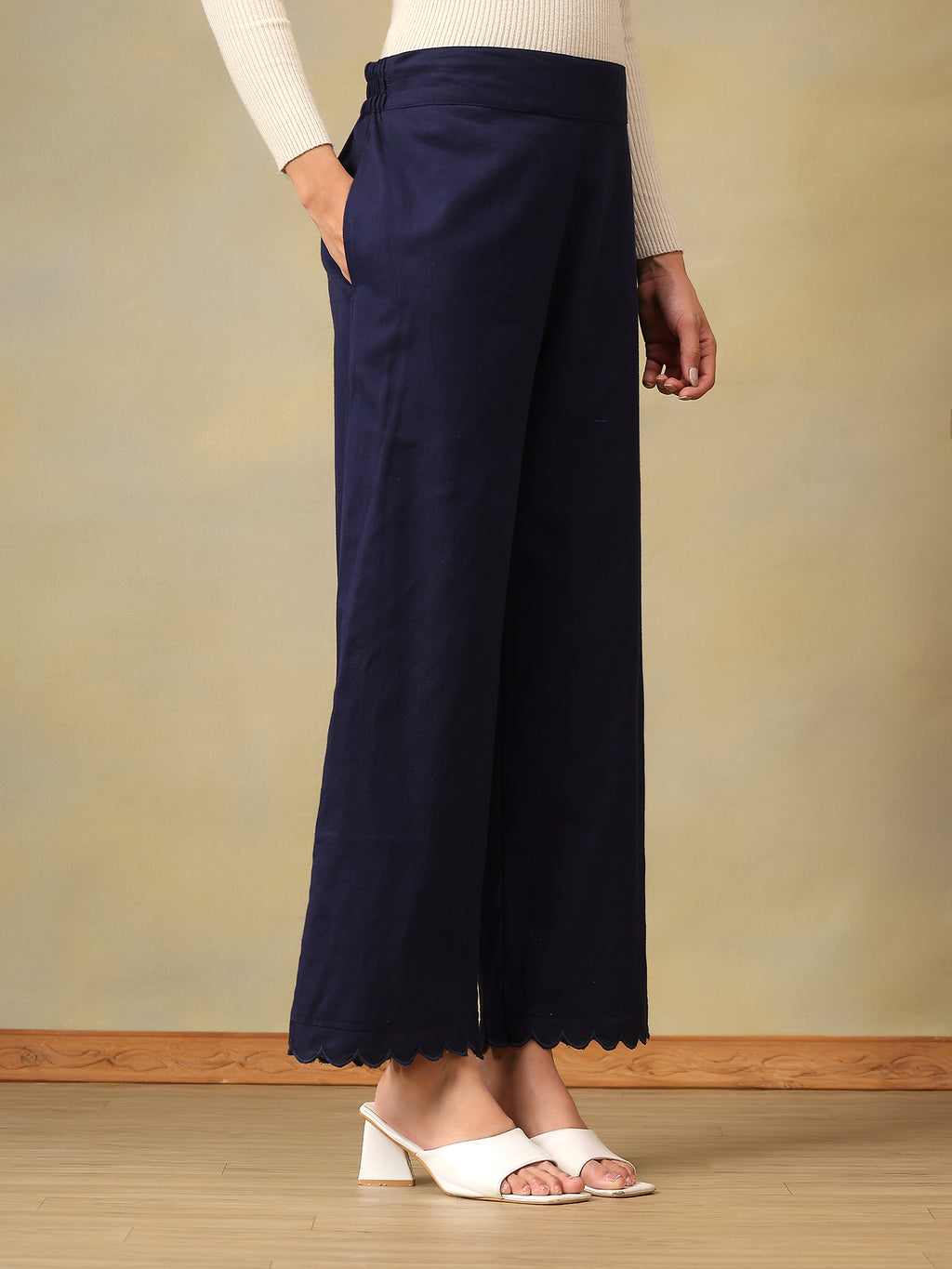 Navy Blue Scalloped-Hem Trousers