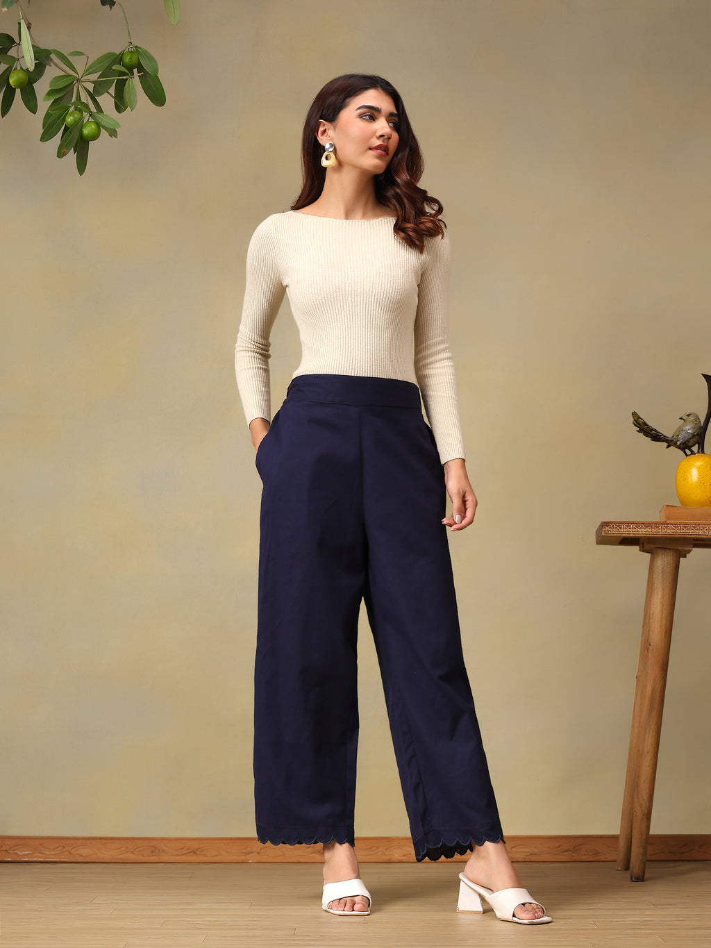 Navy Blue Scalloped-Hem Trousers