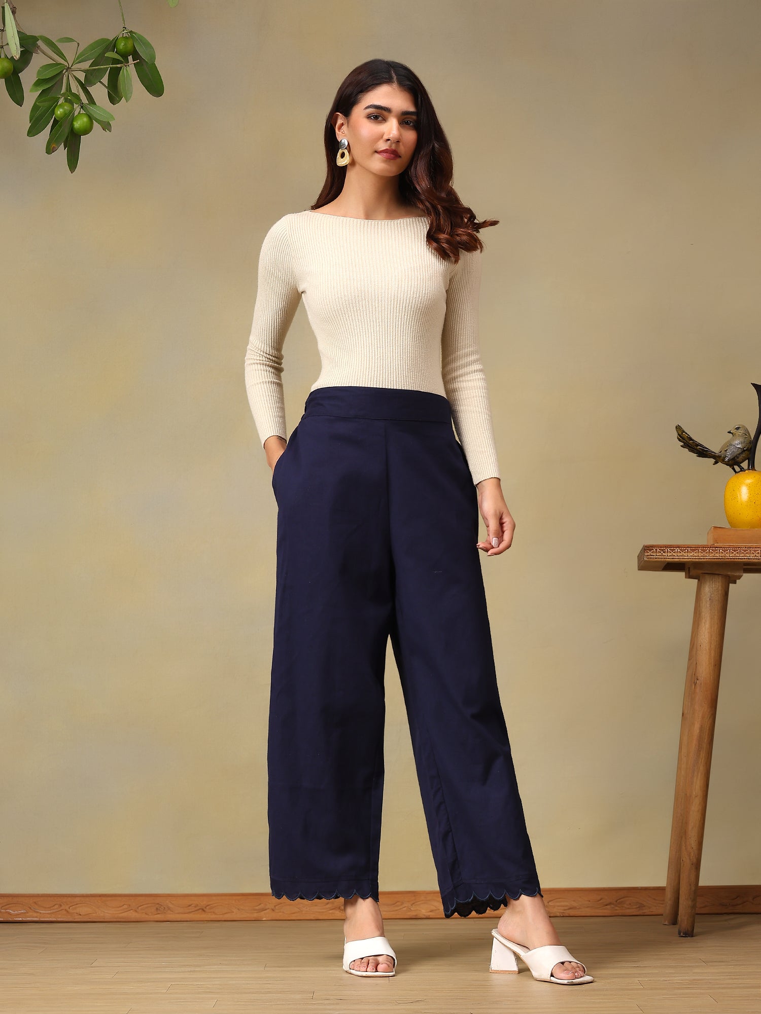 Navy Blue Scalloped-Hem Trousers