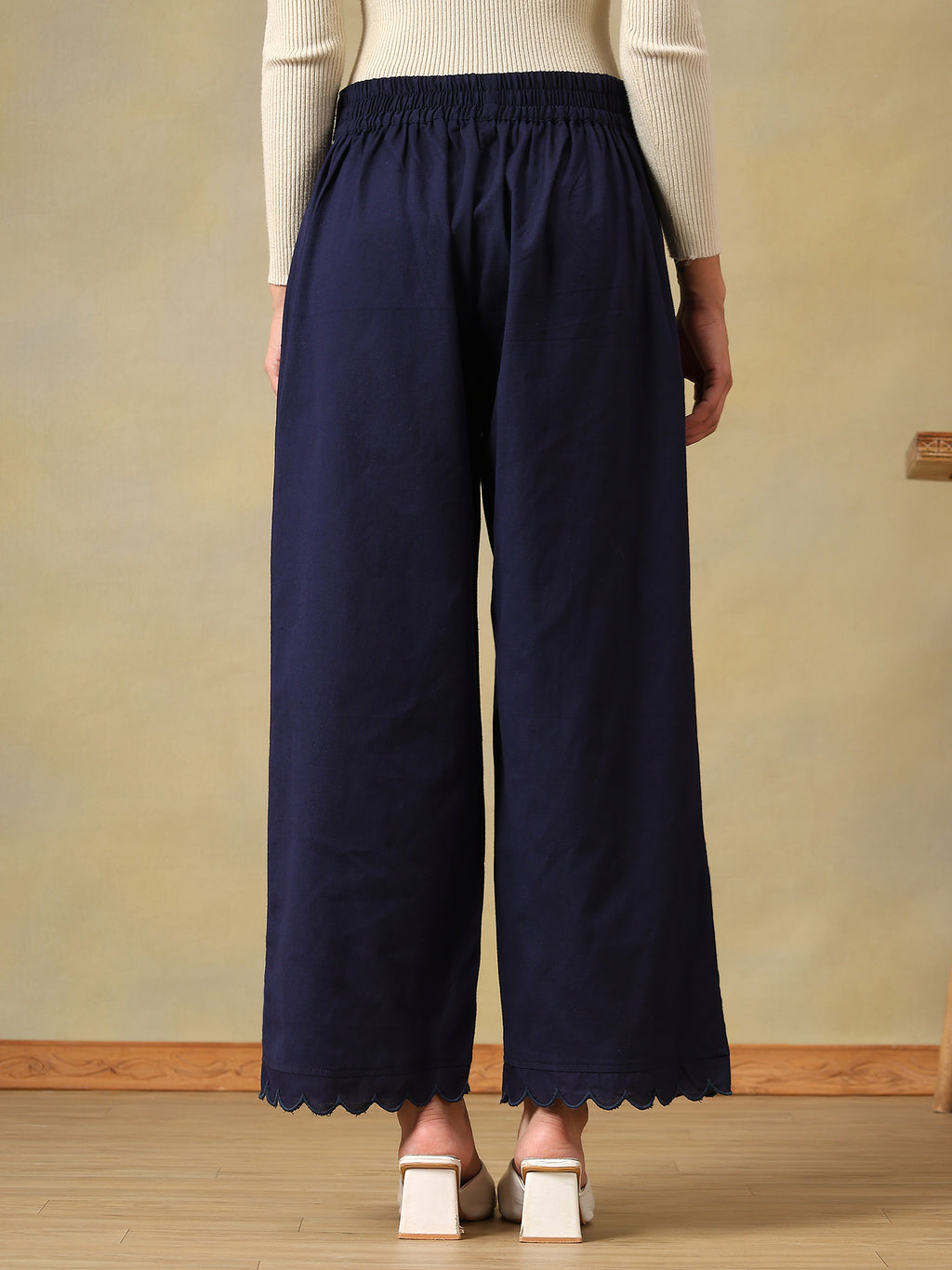 Navy Blue Scalloped-Hem Trousers