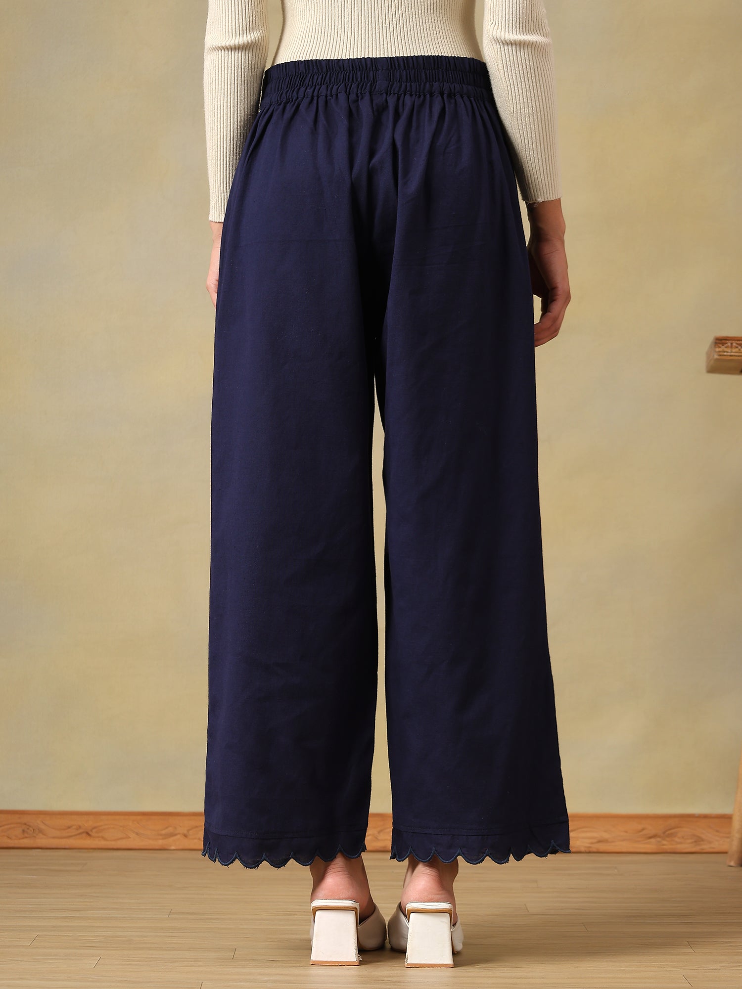 Navy Blue Scalloped-Hem Trousers