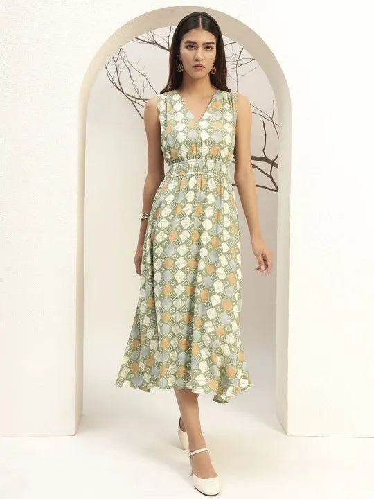 V-Neck Floral Printed Sleeveless Fit & Flare Midi Dress
