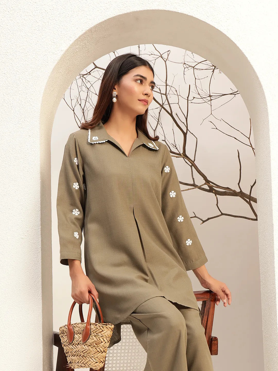 Olive Color With Collar Neck Casual Tunic With Trouser Co-Ords Set