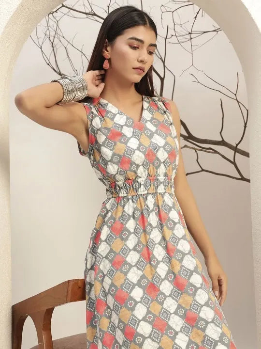 Checked Printed Fit & Flare Casual Dress