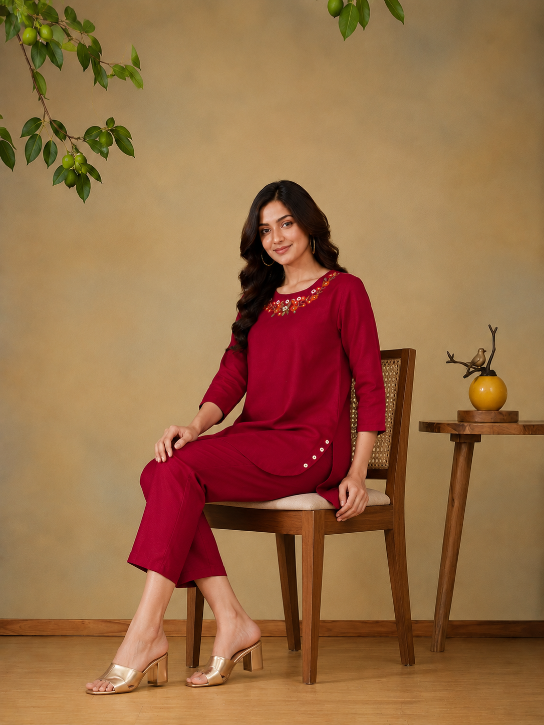 Floral Embroidered Tunic With Trousers