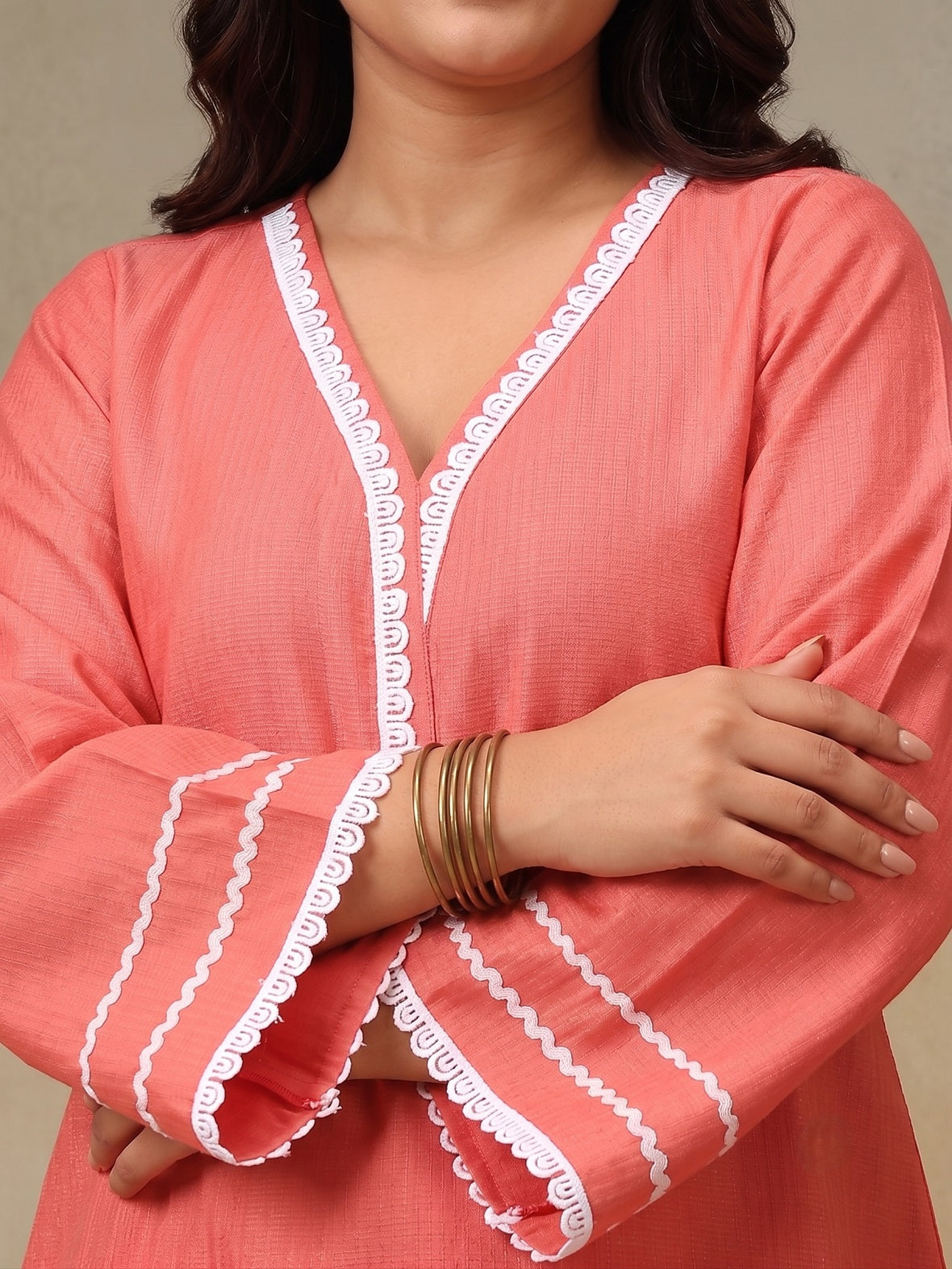 Plus Size Peach Printed Straight Co-Ord Set