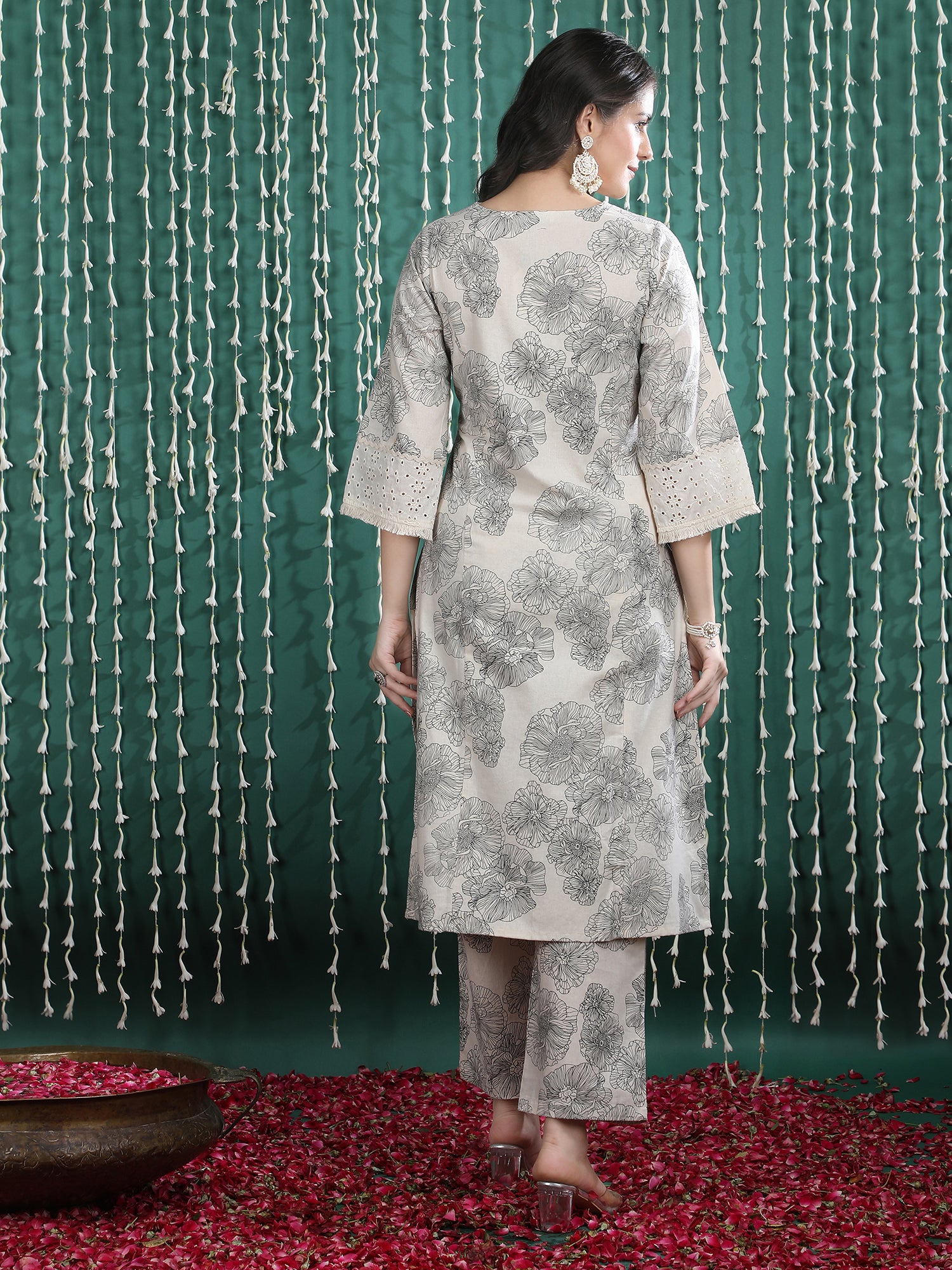 Beige Floral Print Pure Cotton Kurta Set with Embroidered Detailing