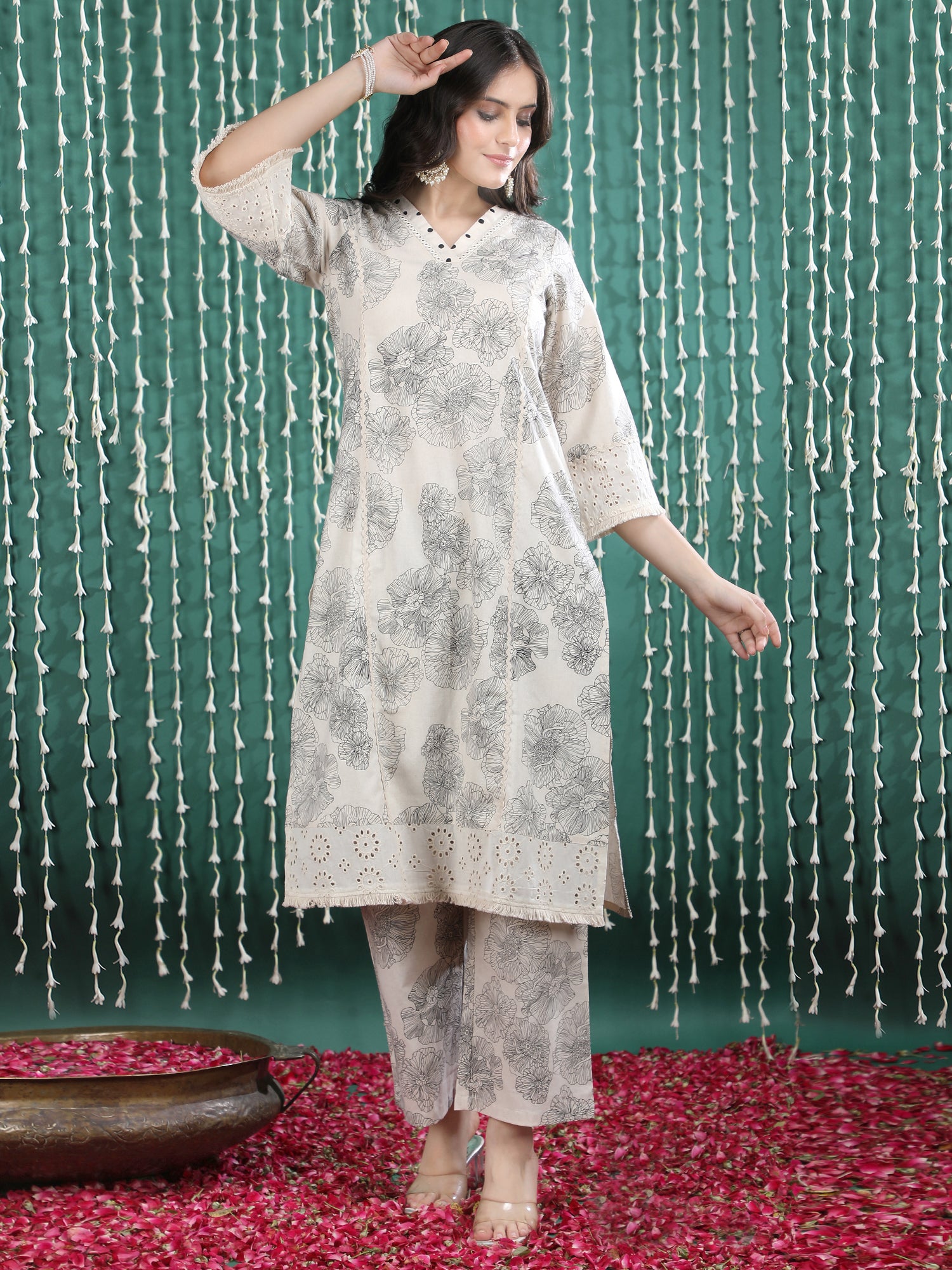 Beige Floral Print Pure Cotton Kurta Set with Embroidered Detailing
