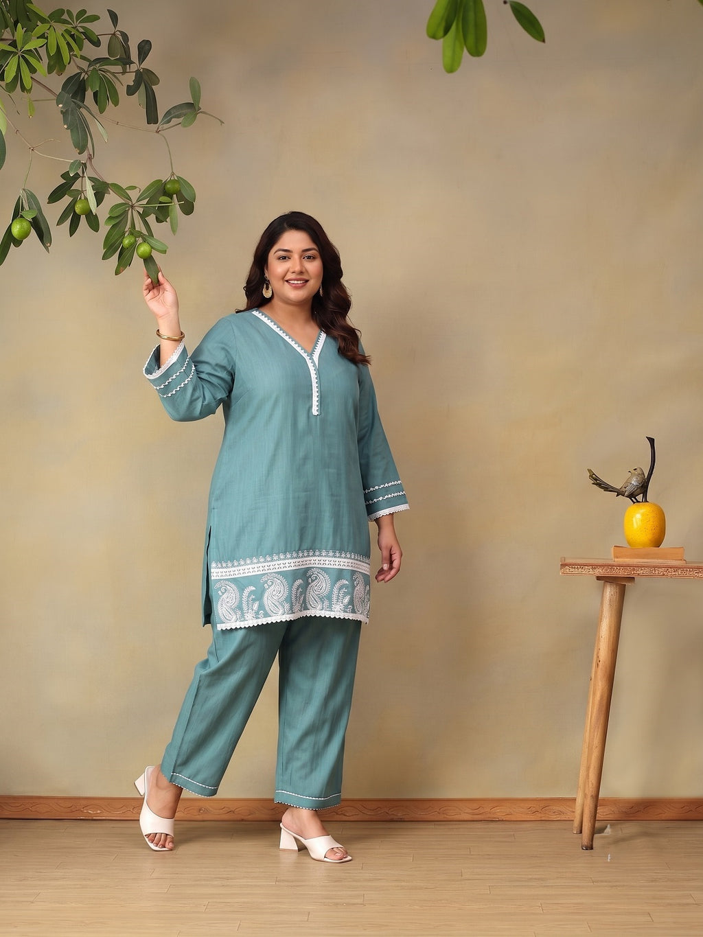 Plus Size Aqua Printed Straight Co-Ord Set