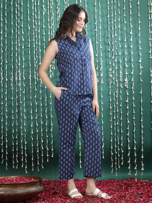 Blue Printed Sleeveless Shirt Collar Co-ord Set
