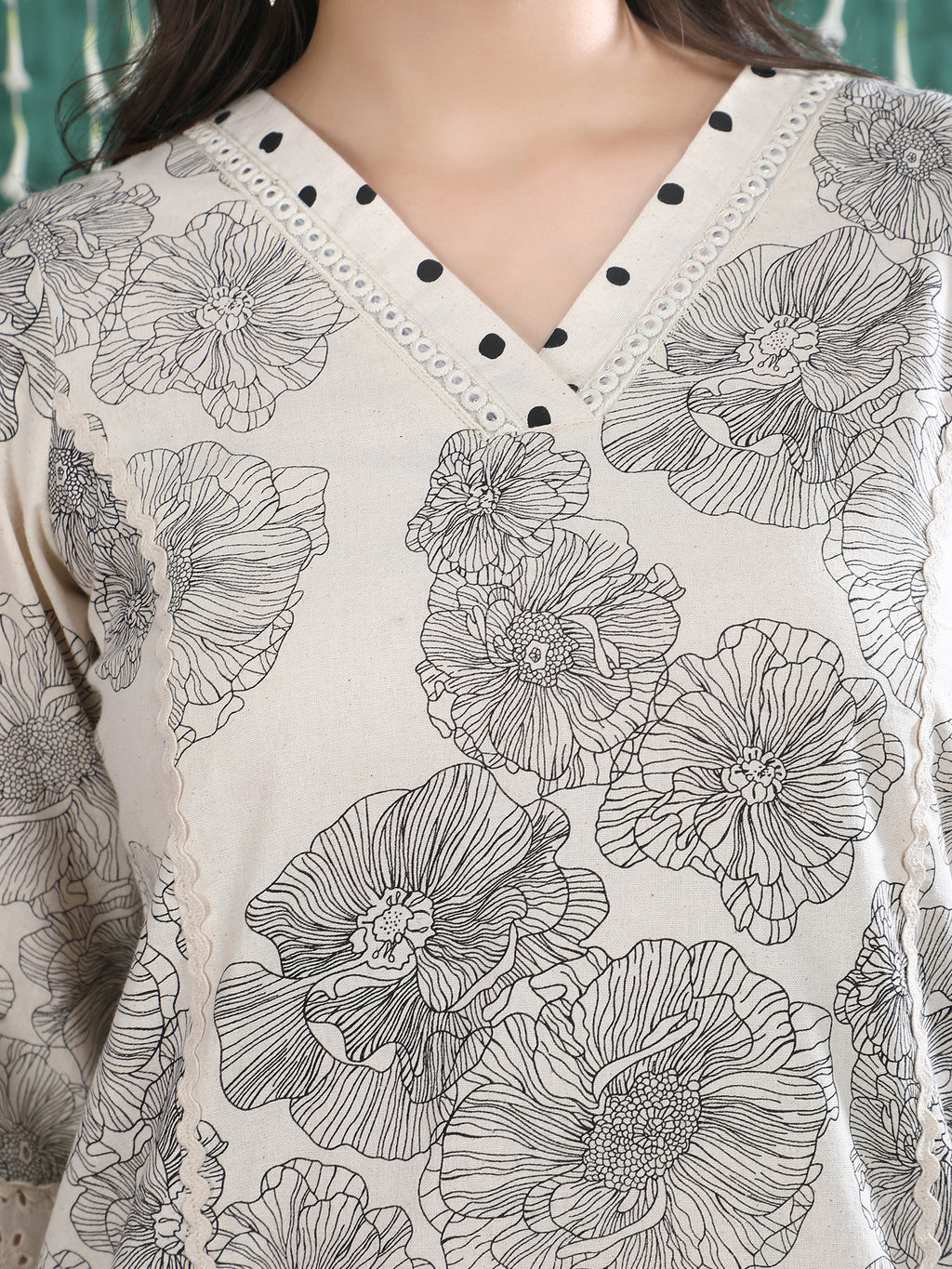 Beige Floral Print Pure Cotton Kurta Set with Embroidered Detailing