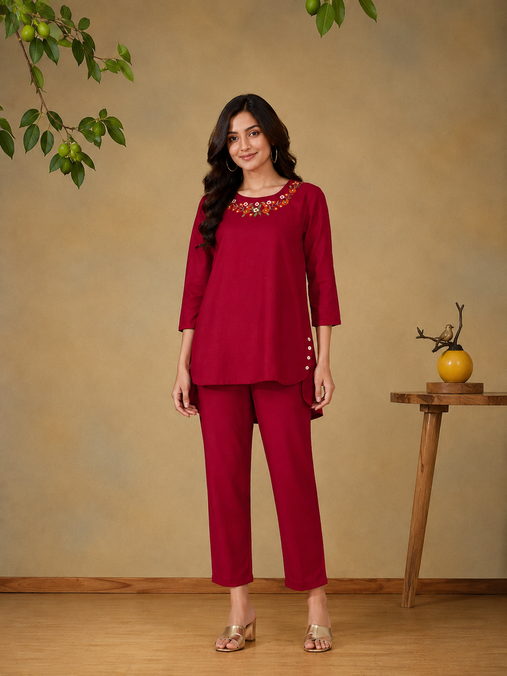 Floral Embroidered Tunic With Trousers