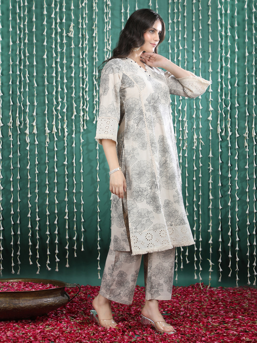 Beige Floral Print Pure Cotton Kurta Set with Embroidered Detailing