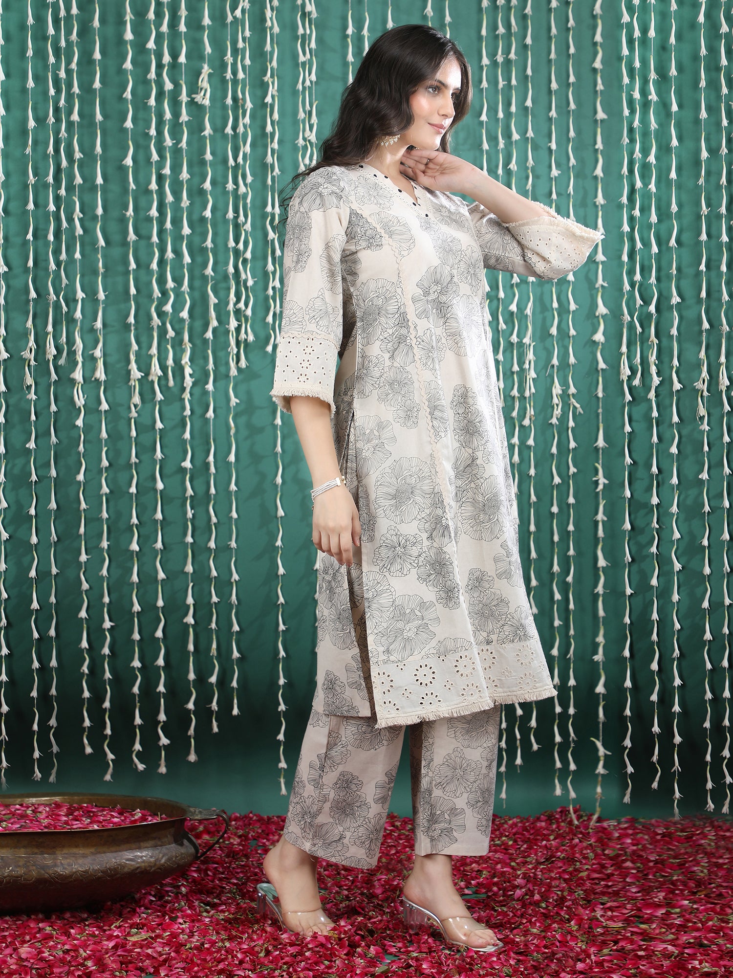 Beige Floral Print Pure Cotton Kurta Set with Embroidered Detailing