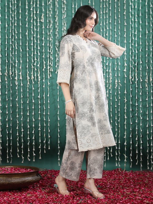 Beige Floral Print Pure Cotton Kurta Set with Embroidered Detailing